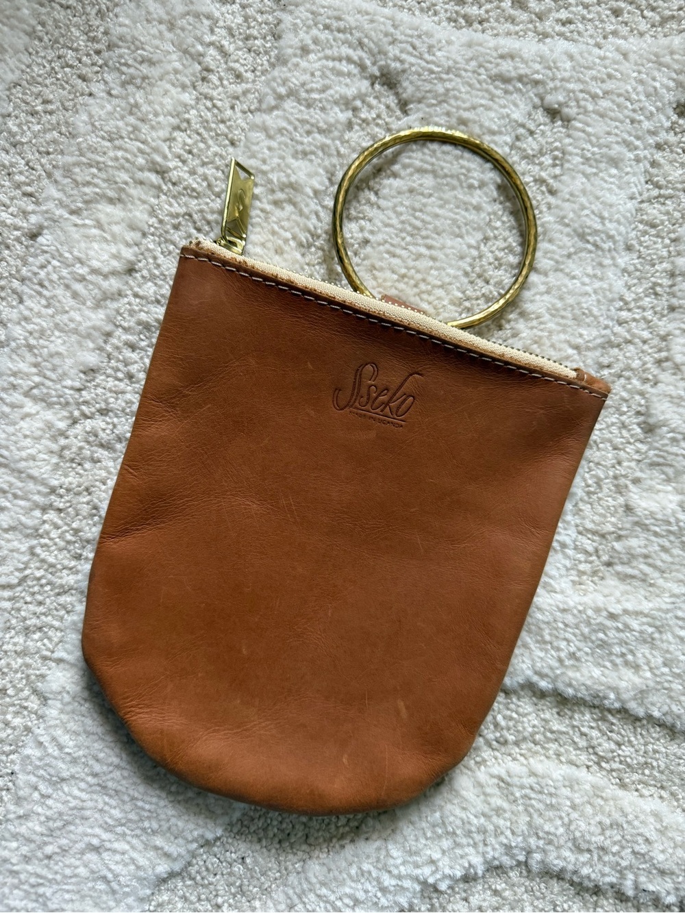 Sseko Tan Leather Wristlet with Gold Ring